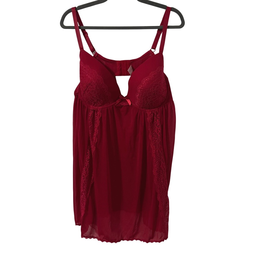 Olga Flirty Red Lace Trim Mesh Babydoll Chemise Lingerie 1X Romantic Sexy